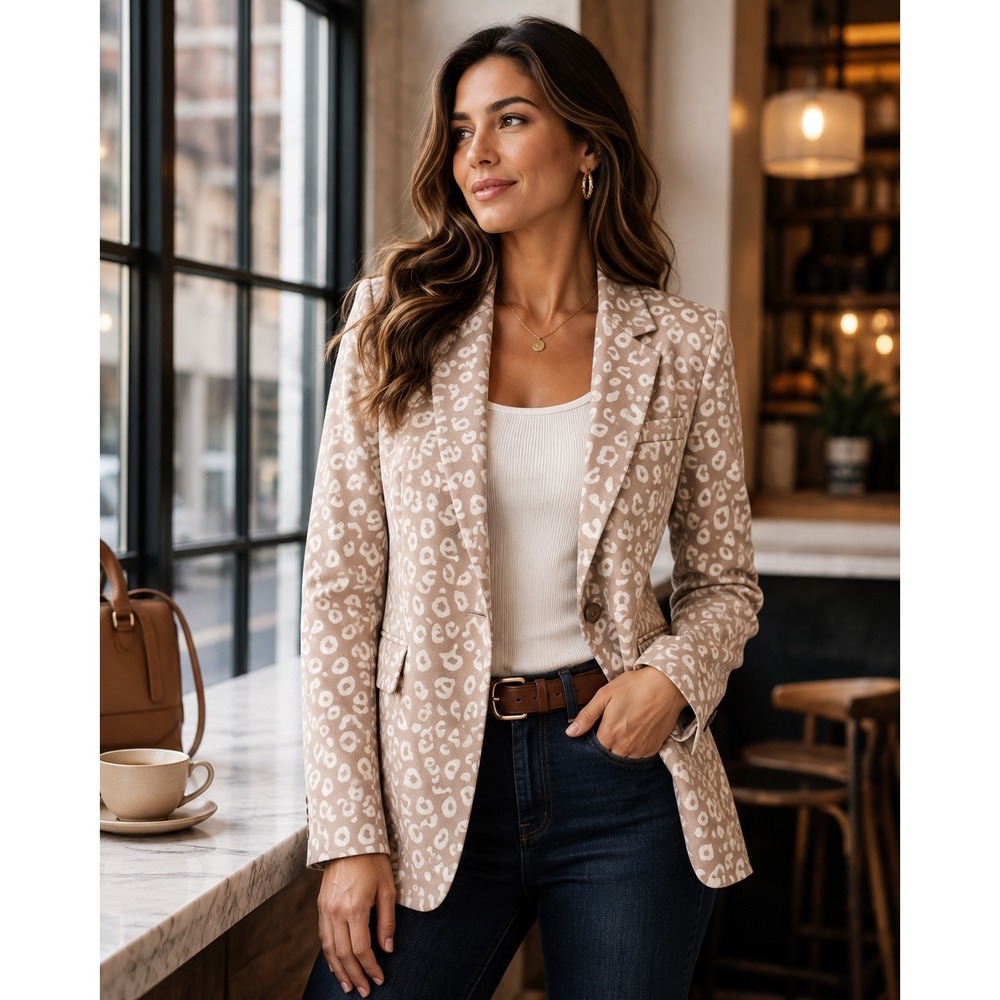 Chic Luxe Neutral Leopard Blazer Blush Taupe Animal Office Chic Jacket Sz M